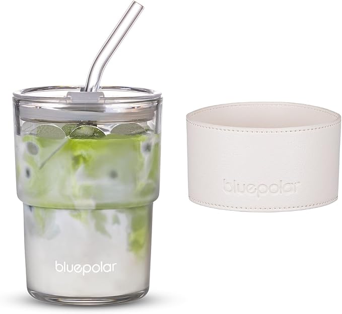 13oz/400ml Glass Water Tumbler with Straw and Lid Sealed Carry On Thick Wall Iced Coffee Cup Glass Cup for Water, Iced Tea Fruit Juice Etc (White with Protect Sleeve)