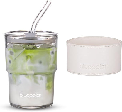 13oz/400ml Glass Water Tumbler with Straw and Lid Sealed Carry On Thick Wall Iced Coffee Cup Glass Cup for Water, Iced Tea Fruit Juice Etc (White with Protect Sleeve)