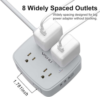 10 Ft Surge Protector Power Strip - 8 Widely Outlets with 4 USB Ports, 3 Side Outlet Extender with 10 Feet Extension Cord, Flat Plug, Wall Mount, Desk USB Charging Station, ETL, Grey