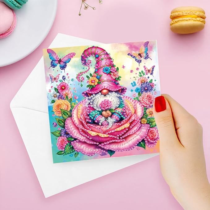 6pcs DIY Rose Gnome Diamond Art Painting Greeting Cards Kit, Rhinestone Art Holiday Birthday Card Set with Envelopes, DIY Festival Craft for Girlfriend, Christmas Valentine Gift Making Supplies