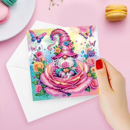 6pcs DIY Rose Gnome Diamond Art Painting Greeting Cards Kit, Rhinestone Art Holiday Birthday Card Set with Envelopes, DIY Festival Craft for Girlfriend, Christmas Valentine Gift Making Supplies