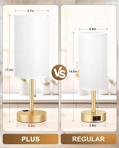 Fenmzee Plus Gold Bedside Lamps Set of 2-3 Color Temperatures Pull Chain Lamp with AC Outlet Charging Port, Round Night Stand Lamps for Bedroom, Bed Side Light with E26 LED Bulbs