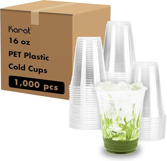 Karat [1,000 ct] 16oz Plastic Cups, Clear Disposable Cold Cup For Iced Coffee, Smoothies, and More, 98mm (C-KC16)