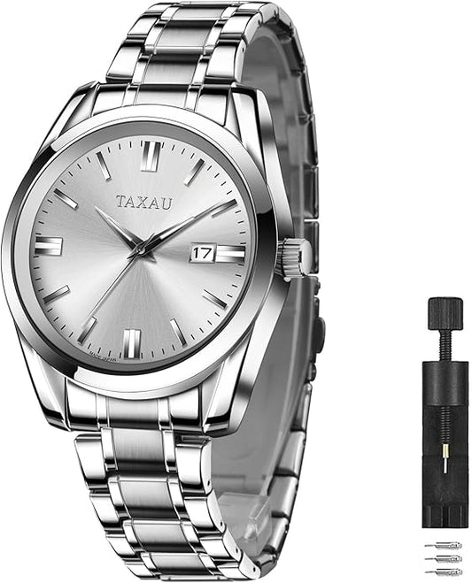 Mens Silver Watch Luxury Minimalist Dress Watch Classic Waterproof Watches for Men Analog Quartz Stainless Steel Men's Wrist Watches with Date Luminous Relojes para Hombres