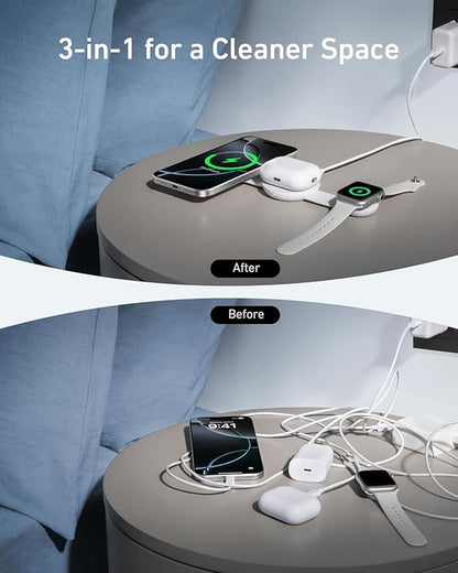 Anker MagSafe Compatible MagGo UFO 3-in-1 Charger, iPhone 17 Wireless Charging Station, 15W Qi2 Certified, Foldable Travel Charging Pad (Aurora White, with Travel Case & Adapter)