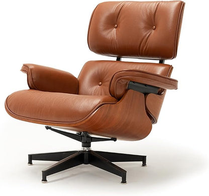 Mid Century Chaise Lounge Chair with Ottoman, Top Black Grain Leather, Modern Office Chair Classic Design, Heavy Duty Base Support for Living Room Study Lounge Office