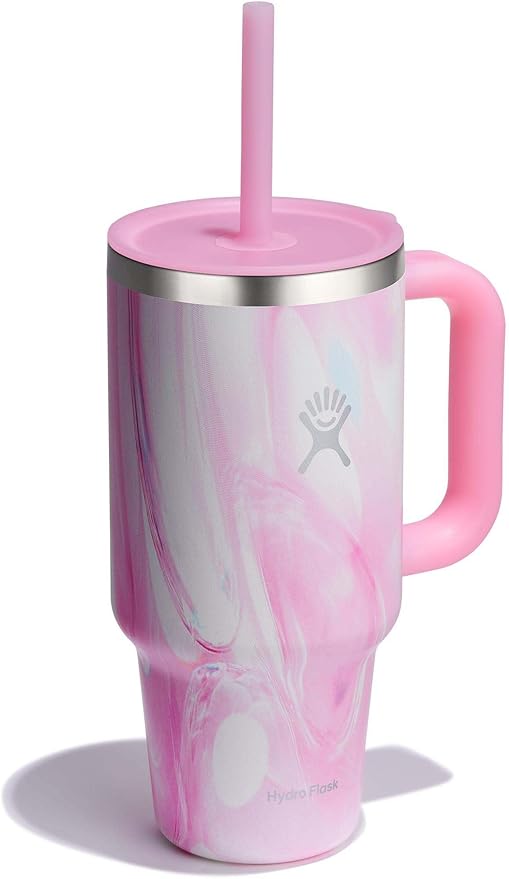Hydro Flask Travel Tumbler with Handle, Lid and Straw - Insulated Stainless Steel in 32 Oz Jelly Pink