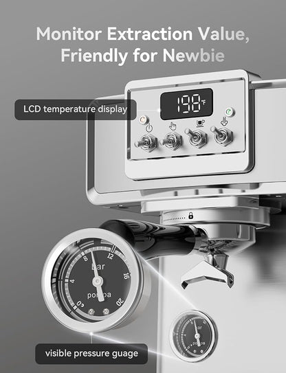Neretva Espresso Machine, 58mm Professional Espresso Coffee Machine 15 Bar Retro Espresso Maker with Powerful Milk Frother & Visible Pressure Gauge for Home Barista Latte and Cappuccino Maker-Silver