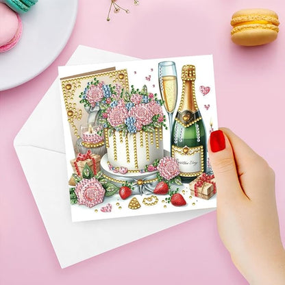 6pcs DIY Flowers Cake Diamond Art Painting Greeting Cards Kit, Rhinestone Art Holiday Birthday Card Set with Envelopes, DIY Festival Craft for Girlfriend, Christmas Valentine Gift Making Supplies