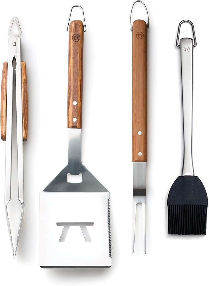 Outset Stainless Steel Grill Tool Set, Verde Collection, Large Spatula, Tongs, Grill Fork, and Sauce Brush