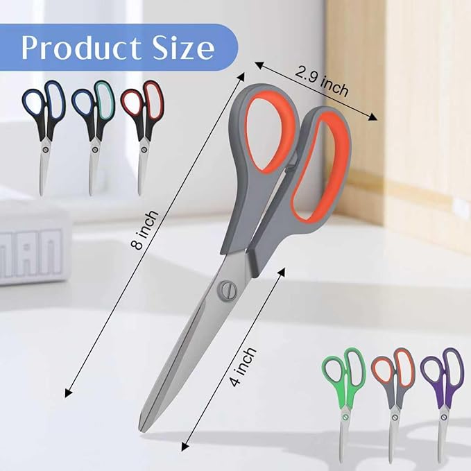 6 Pack All Purpose Scissors, 8.3" Stainless Steel Scissor With Ergonomic Soft-Grip Handles, Sharp Blades Scissors for Office, School, Kitchen, Crafts, Sewing, Left and Right Hand Use (6 Colors)