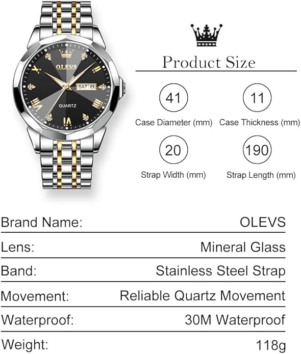 Men's Casual Stainless Steel Watch, Big Face Easy to Read Analog Quartz Watch with Day and Date, Classic Waterproof Diamond Roman Arabic Numerals Dial Dress Watch for Men, Gold Silver Black Band