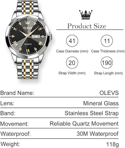 Men's Casual Stainless Steel Watch, Big Face Easy to Read Analog Quartz Watch with Day and Date, Classic Waterproof Diamond Roman Arabic Numerals Dial Dress Watch for Men, Gold Silver Black Band