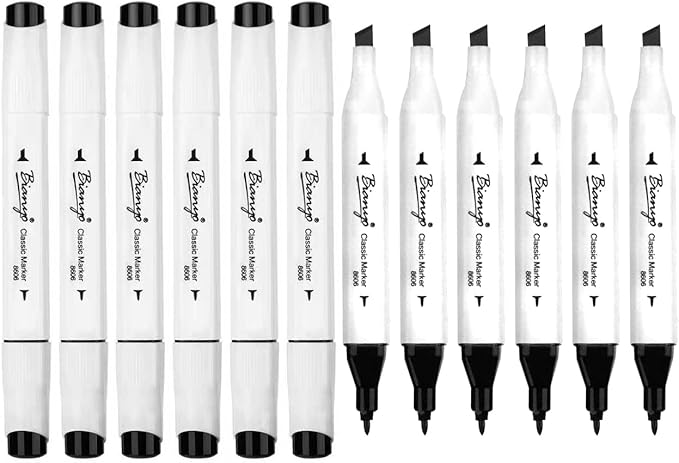 Bianyo 12 Black Alcohol Markers, Dual Tip Fine & Chisel Art Markers for Drawing, Sketching, Outlining & Highlighting