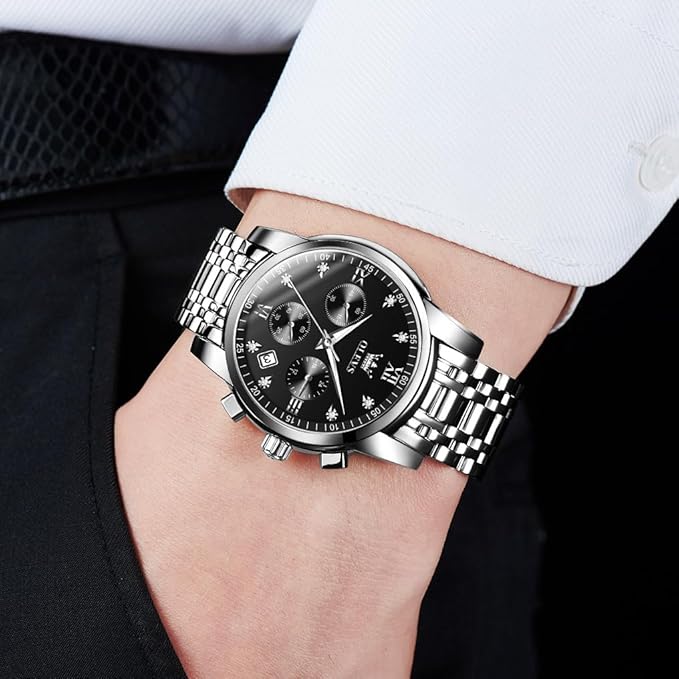 OLEVS Men's Stainless Steel Chronograph Watch, Big Face Gold Silver Black Tone Easy to Read Analog Quartz Watch, Luxury Waterproof Date Diamond Roman Arabic Numerals Dial Dress Watch for Men
