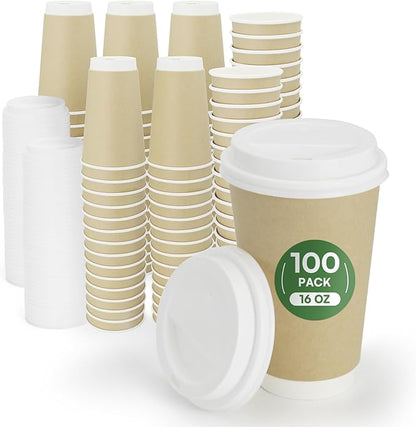 Disposable Coffee Cups with Lids 16 oz To Go Hot Cups,100 Pack Insulated Compostable Paper Cups with Lids, PLA Coated Natural Kraft Double Wall Disposable Cups for Everyday Home Togo Office Coffee Bar