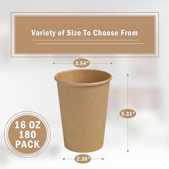 Lamosi 180 Count 16 oz Kraft Paper Cups, Disposable Paper Coffee Cups, 16 Ounce Drinking Cups, Water Cups for Party Picnic Cafe & Bar Use