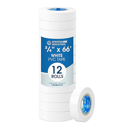 SPARTAN INDUSTRIAL - 3/4" X 66' White Vinyl Tape - 12 Colored Electrical Tape Rolls for Wires, Cables, Sports Equipment, and More