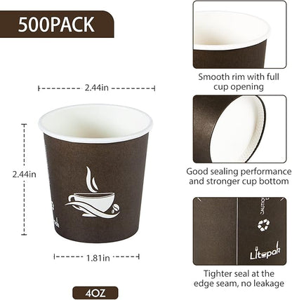 LITOPAK 500 Pack 4 oz Paper Cups, Brown Disposable Hot Coffee Cups for Party, Picnic, Travel, and Events
