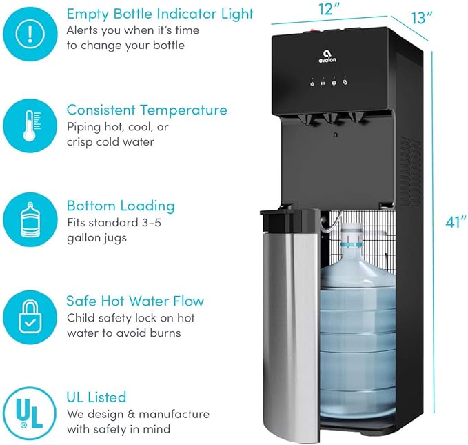 Avalon Bottom Loading Water Cooler Water Dispenser with BioGuard- 3 Temperature Settings - Hot, Cold & Room Water, Durable Stainless Steel Construction, Anti-Microbial Coating- UL Listed