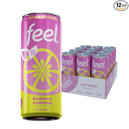 FEEL Zero Sugar Natural Energy Drink – Raspberry Lemonade, 140mg Plant-Based Caffeine with L-Theanine for Focus, Vitamin C for Immunity, Vegan, Non-GMO, No Artificial Sweeteners, 12 Fl Oz Cans (12-Pack)