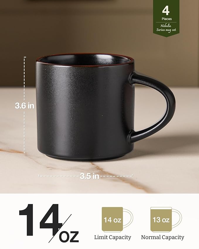 famiware Coffee Mugs Set of 4, Nebula 14oz Coffee Mugs, Ceramic Cup Set with Handle for Latte, Tea, Milk, Cappuccino, Cocoa, Matte Black
