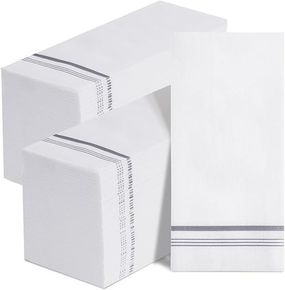 200 Disposable Paper Hand Towels for Bathroom, Linen Feel Guest Towels, Soft and Absorbent Paper Towels Napkins Bulk for Home Dinner Kitchen Wedding, 12" x 17"(Silver Trim Lined)