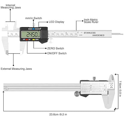 HDLNKAK Precision Digital Caliper 6 inch/150 cm - Accurate 0.01" Measurement Tool for Micrometers and Digital Calipers(White Stainless Steel Caliper)