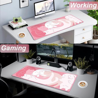 Gaming Mouse Pad XL Extended Anime Mouse Pad 31.5x11.8 inch, Large Cute Kawaii Big Computer Mouse Mat Desk Pad with Non-Slip Rubber Base and Stitched Edge for Home Office-Pink Cat