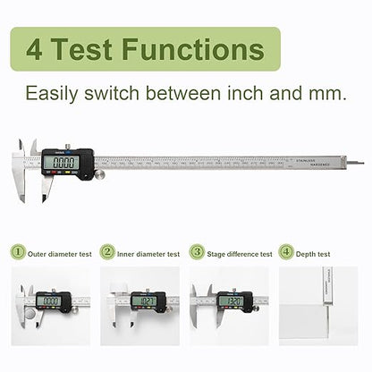Digital Caliper 0-12" Measuring Tool with Metal Ruler, Micrometer Caliper with Auto-Off Feature, Interchangeable Between inches and millimeters for DIY/Household and 3D Printing, Black