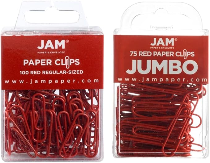 JAM PAPER Combo Pack Colorful Paper Clips - Standard & Jumbo - Red Paperclips - 1 Pack of 100 & 1 Pack of 75