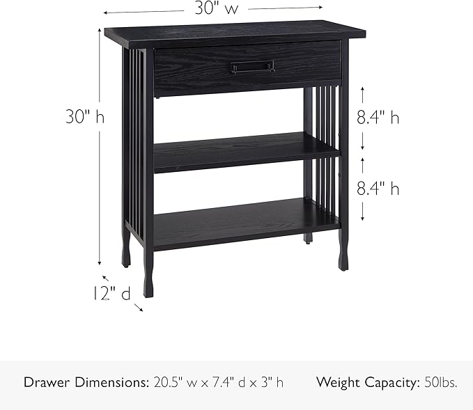 Leick Home Ironcraft Bookshelf, Solid Wood, 1 Drawer, 2 Shelves, Blackened Hardware, Slatted Sides, Easy Assembly, Black Wash, 12 in W x 30 in L x 30 in H, Item 11261-BK