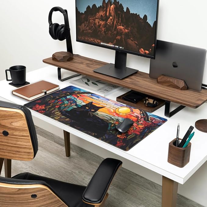 Black Cat Desk Mat Vintage Sunset Desk Mouse Keyboard Pad, XXL Large Mouse Pad Laptop Desk Mousepad with Stitched Edges, Keyboard Pad Mouse Mat for Work Game Office Desk Accessories 31.5x15.7 in