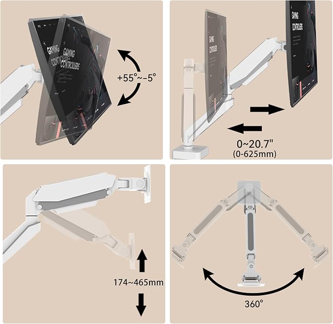 White 45 Premium Aluminum Heavy Duty Monitor Arm, Fits Ultrawide up to 49 inches and 44 lbs Single Desk Mount Stand, Pneumatic Height Adjustable, Max VESA 100x100, A9W