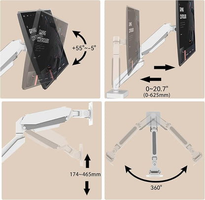 White 45 Premium Aluminum Heavy Duty Monitor Arm, Fits Ultrawide up to 49 inches and 44 lbs Single Desk Mount Stand, Pneumatic Height Adjustable, Max VESA 100x100, A9W