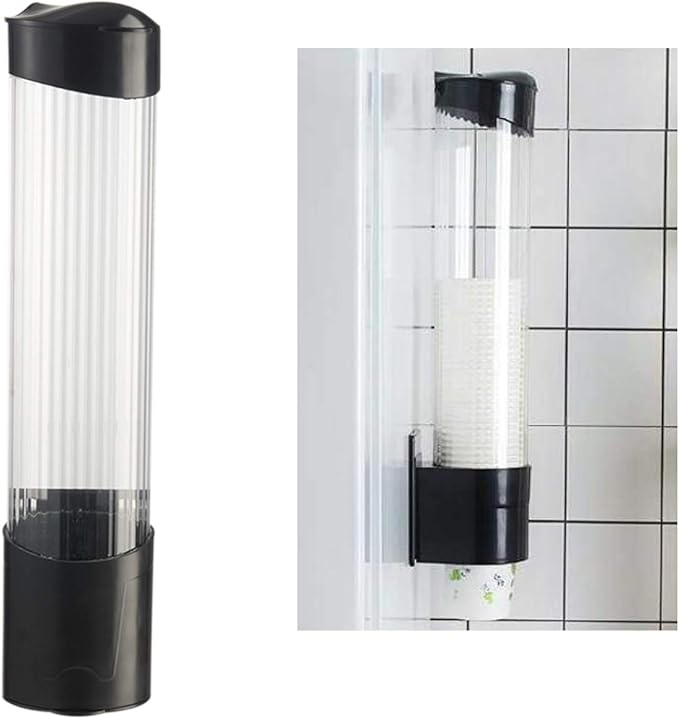 Cup Dispenser Wall Mounted Plastic Water Dispenser Disposable Cup Holder Rack, Paste or Screw Plate Mountable for Paper Cups Halloween Party Supplies(L, Black)