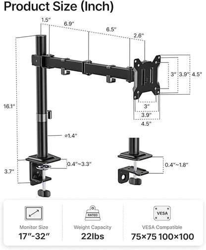 monTEK Single Monitor Stand for 17-32 inches Screen, Fully Adjustable Monitor Arm Desk Mount up to 22lbs Capacity, Computer Mount with C Clamp and Grommet Base, Max VESA 100x100mm