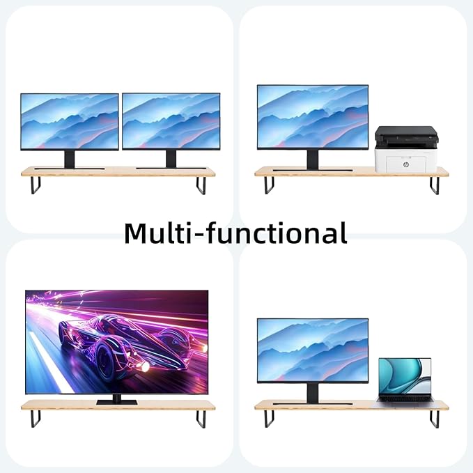 Dual Monitor Stand Riser,41.3'' Solid Bamboo&Steel Computer Monitor Riser, Large Monitor Stand Suitable for 2 Monitors, Tvs, and Printers-Natural Color
