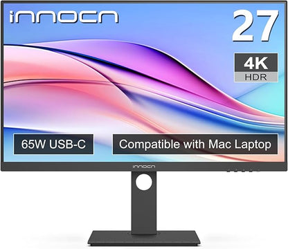 INNOCN 27 Inch 4K Monitor for MacBook Air/Pro, Mac mini PC, 3840 x 2160 LCD IPS Display, HDR400, USB C 65W, DP, HDMI, PC Monitor, 1.07B+ Colors, Built-in Speakers, Pivot Adjustable Stand, Black