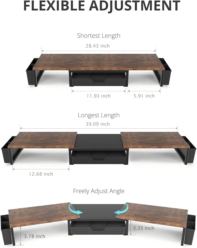 OPNICE Desk Dual Monitor Stand Riser - Desk Organizer with Drawer and Pen Holders, Office Desk Accessories & Workspace Organization, Computer Monitor Stand for Laptop, Printer, TV, Office Decor, Wood