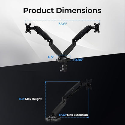 Dual Monitor Arm Stand - Holds 2 Computer Screens up to 32 Inches & 20 lbs Each, Pneumatic Height Adjustable Desk Mount with Articulating Swivel Arms, Full Motion VESA Bracket