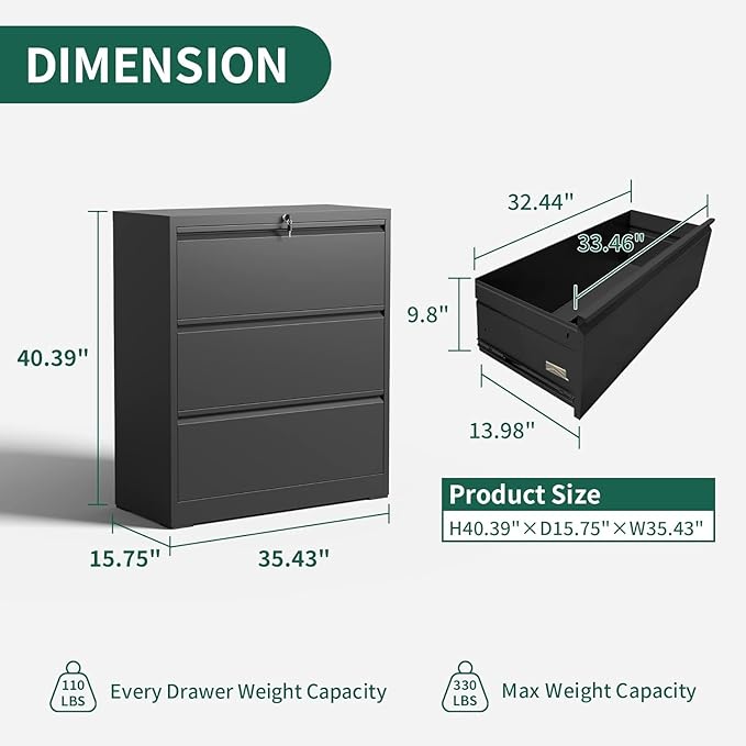 Lateral File Cabinet with Lock, 3 Drawer Metal File Cabinets for Home Office, Large Filing Storage Cabinet Printer Stand, Steel Wide File Cabinet for Legal/A4/F4/Letter Size Files, Black