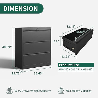 Lateral File Cabinet with Lock, 3 Drawer Metal File Cabinets for Home Office, Large Filing Storage Cabinet Printer Stand, Steel Wide File Cabinet for Legal/A4/F4/Letter Size Files, Black