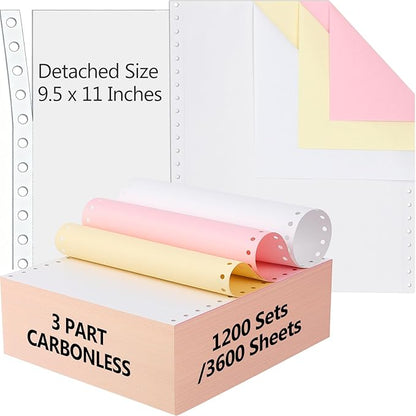 Marspark 3600 Sheets Continuous Carbonless Computer Paper, 9.5 x 11 Inches 3-Part Perforated Copy Paper for Dot Matrix Printer, White/Yellow/Pink, 1200 Sets