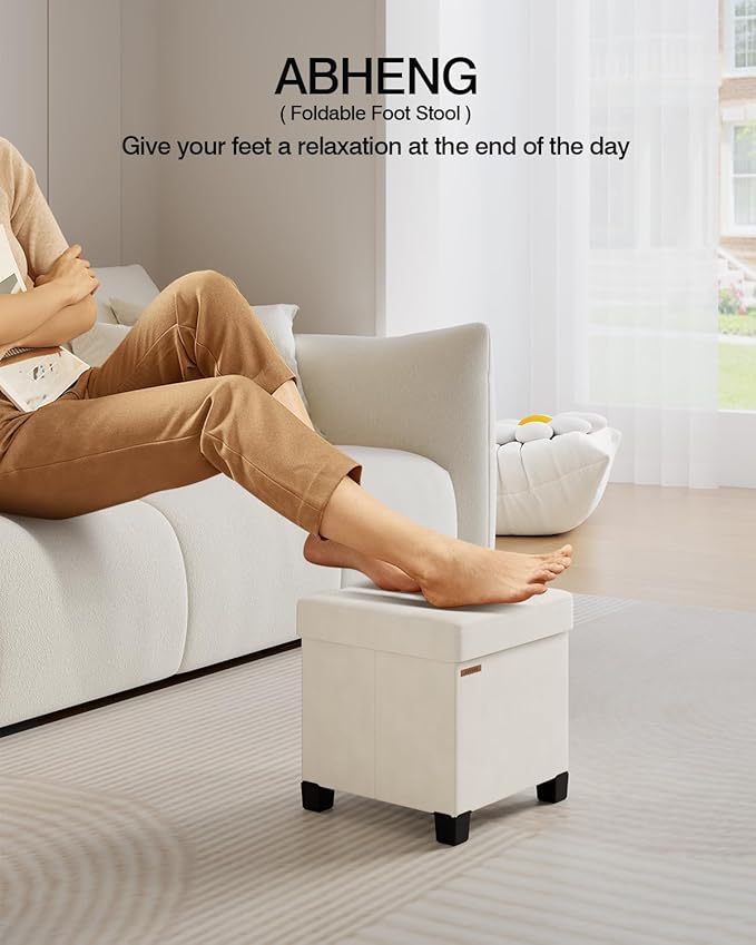 Cube Storage Ottoman, Velvet Foot Stool with Feet, Folding Bench, End of Bed Bench, Storage Chest, for Living Room, Bedroom and Office, 15 x 15 x 15.7 Inches, Cream White, ASND22W