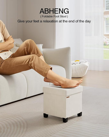 Cube Storage Ottoman, Velvet Foot Stool with Feet, Folding Bench, End of Bed Bench, Storage Chest, for Living Room, Bedroom and Office, 15 x 15 x 15.7 Inches, Cream White, ASND22W