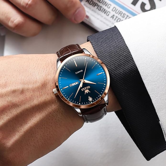 OLEVS Mens Watches, Dress Waterproof Classic Analog Casual Luxury Wrist Watch for Men with Date, Easy to Read Relojes para Hombres Male Quartz Wristwatch with Brown Black Leather Band Blue Black Dial