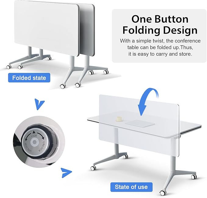 Conference Table,Folding Conference Table with Silent Wheels,Rectangular Business Conference Room Table,for Reception Offices Classrooms Meeting Training Room (8, White, 55.1in)
