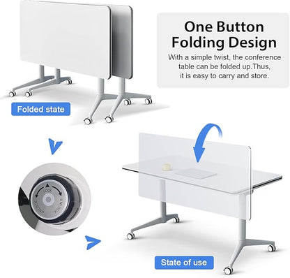 Conference Table,Folding Conference Table with Silent Wheels,Rectangular Business Conference Room Table,for Reception Offices Classrooms Meeting Training Room (8, White, 55.1in)
