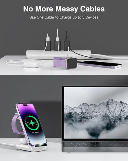 Wireless Charging Station,3 in 1 Charging Stand Made for Apple Watch Ultra 11 10 9 8 7 6 SE 5 4 3,Fast Wireless Charger Made for iPhone 17/Air/16/15/14/13/12,for AirPods Pro(with Adapter) (White)